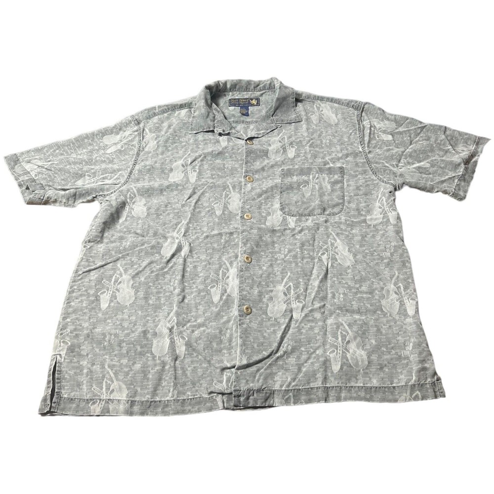 Nat Nast Luxury Originals Silk Instrument Print Gray Button Shirt Men’s Size L